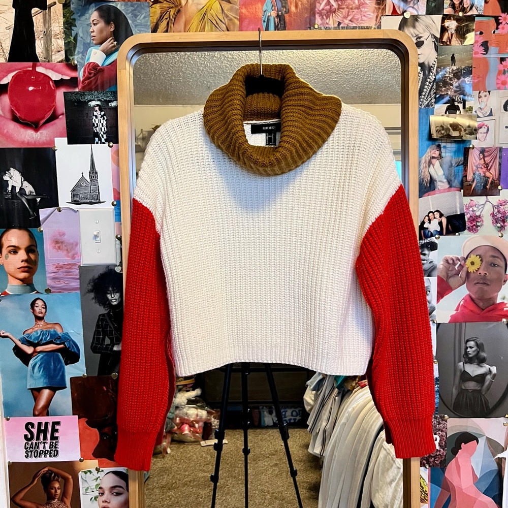 Colorblock Turtleneck Sweater - White, Red, Brown